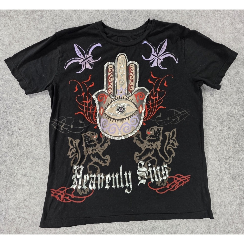 Heavenly Sins Shirt Womens XL Black Graphic Tee Y2K Cyber Grunge Hamsa Evil Eye